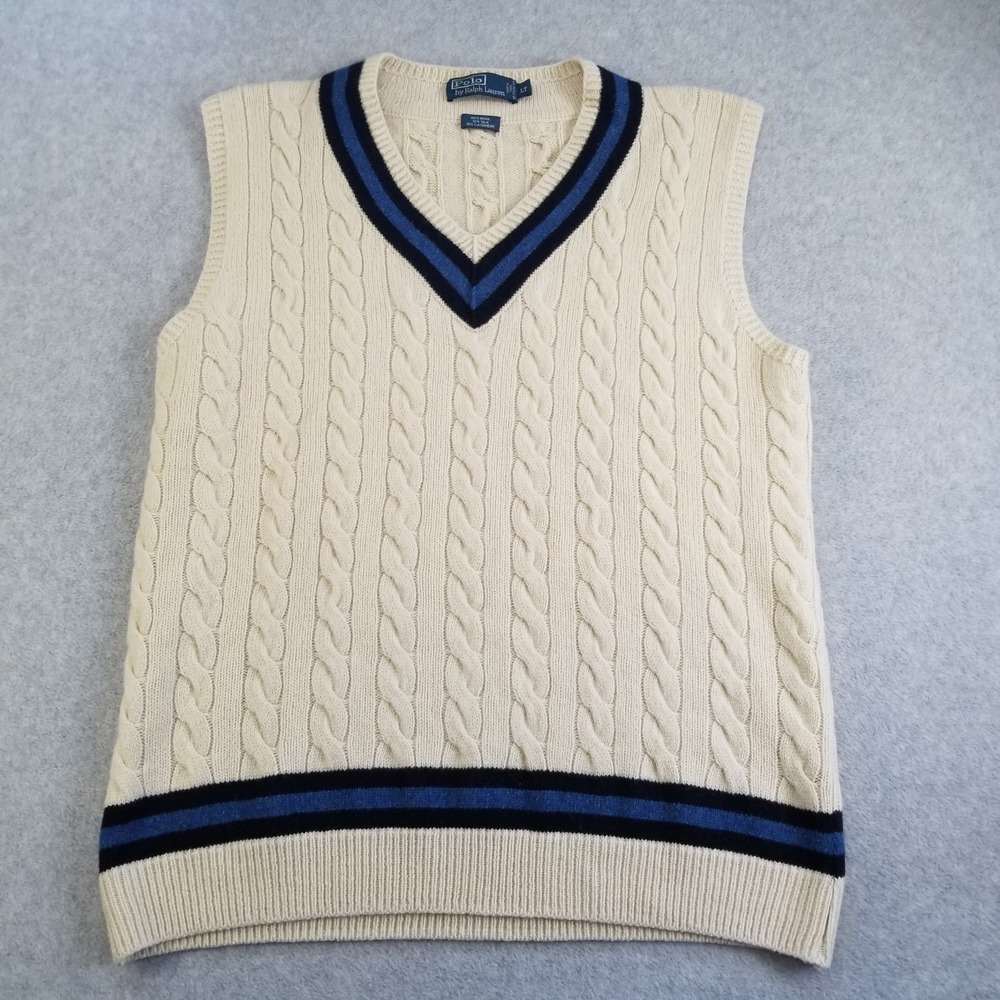 Vintage Ralph Lauren Polo Sweater Vest Mens LT Beige Tennis Cable Knit Cashmere